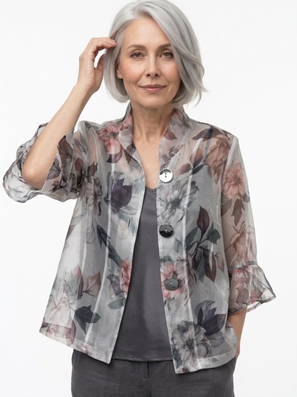 JOSEPH RIBKOFF • NWT Sheer Floral Organza Ruffle Sleeve Jacket Size 14